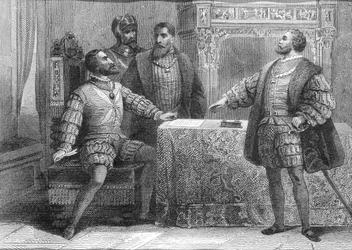 Carlos V of Spain and Francois I of France signing the Treaty of Madrid, 14 January 1526